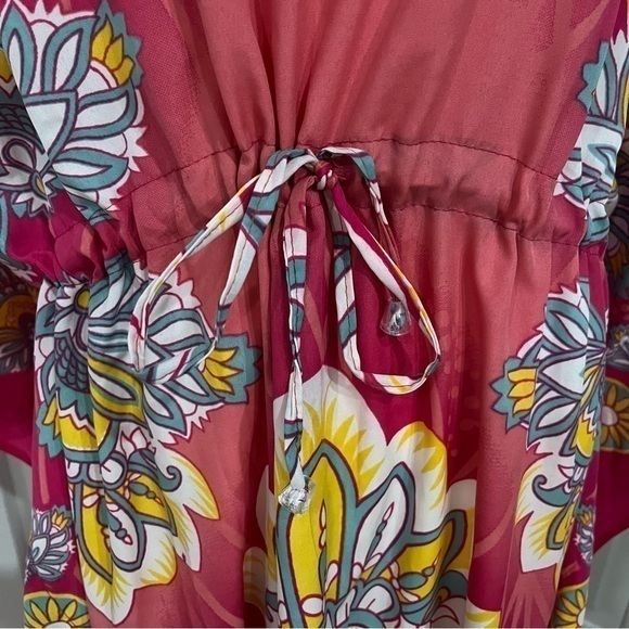 California Vibrant Pink Kaftan Tunic Gold Bling Colorful Waist Tie Women OneSize - Picture 8 of 12